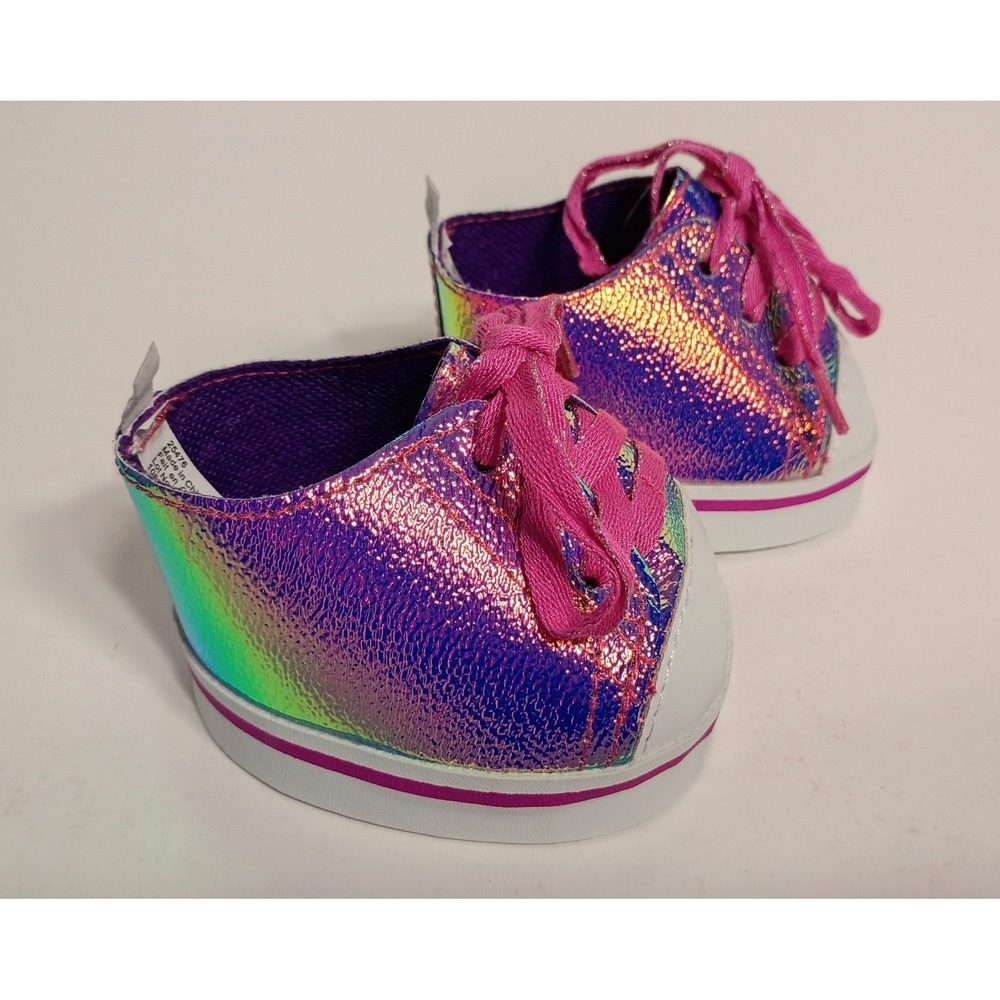 Build a Bear Purple Rainbow‎ Iridescent Sneakers Shoes with Pink Laces BAB